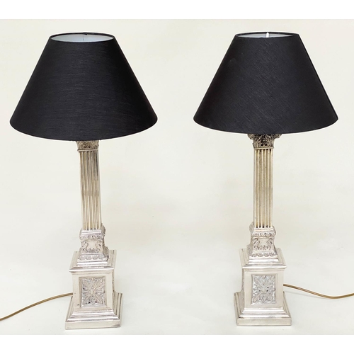 84 - TABLE LAMPS, a pair, silvered metal with fluted square section columns and Corinthian capping, 74cm ... 