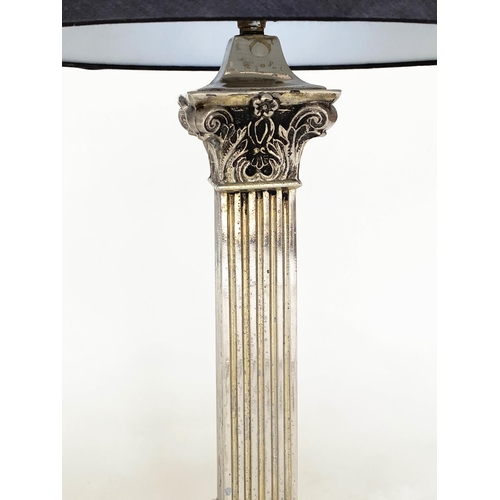84 - TABLE LAMPS, a pair, silvered metal with fluted square section columns and Corinthian capping, 74cm ... 
