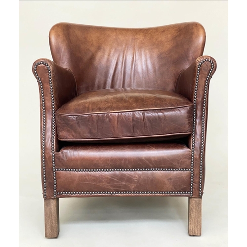 88 - LITTLE PROFESSOR ARMCHAIR, Halo tan leather and brass bound with rounded back and arms, 67cm W.