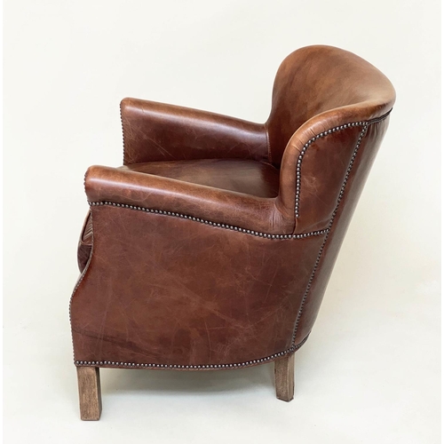 88 - LITTLE PROFESSOR ARMCHAIR, Halo tan leather and brass bound with rounded back and arms, 67cm W.