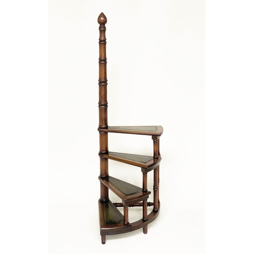 89 - LIBRARY STEPS, a set Georgian style walnut with four tooled leather trimmed spiral treads with pole,... 