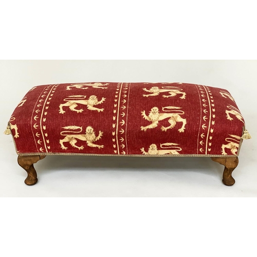 90 - HEARTH STOOL, early 20th century rectangular with heraldic lion motif fabric upholstery, 96cm x 43cm... 