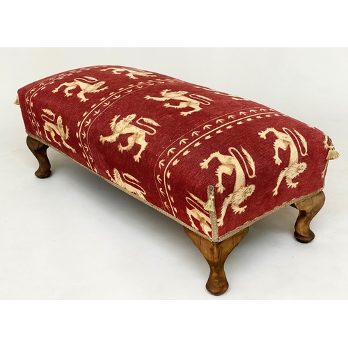 90 - HEARTH STOOL, early 20th century rectangular with heraldic lion motif fabric upholstery, 96cm x 43cm... 