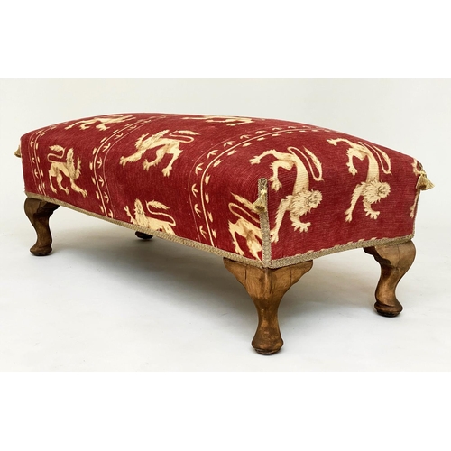 90 - HEARTH STOOL, early 20th century rectangular with heraldic lion motif fabric upholstery, 96cm x 43cm... 