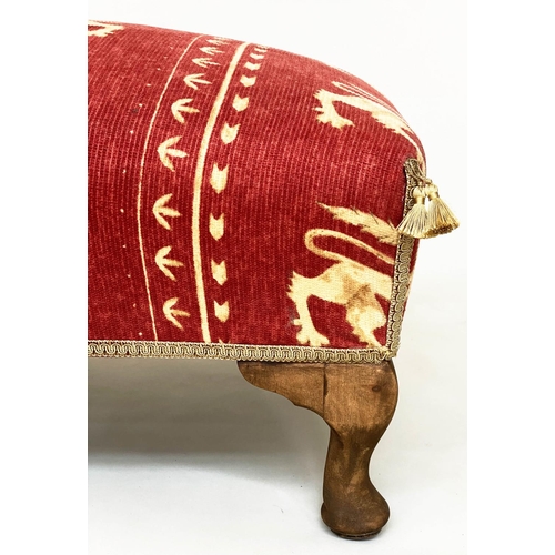 90 - HEARTH STOOL, early 20th century rectangular with heraldic lion motif fabric upholstery, 96cm x 43cm... 