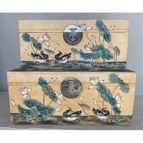 99 - TRUNKS, two graduated, Chinese hand painted vellum style and silvered metal mounted each with carryi... 