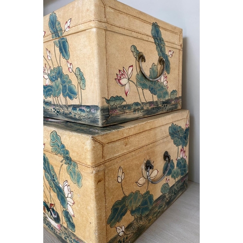 99 - TRUNKS, two graduated, Chinese hand painted vellum style and silvered metal mounted each with carryi... 