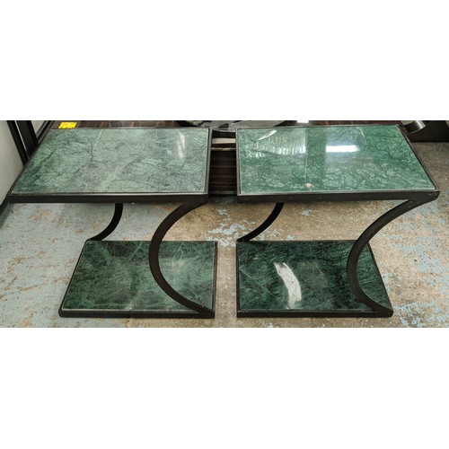 237 - OCCASIONAL TABLES, a pair, each 31cm x 45cm x 46cm H, green marble with metal frames. (2)