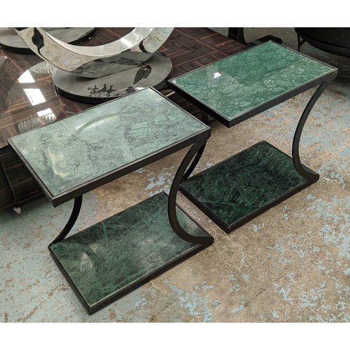 237 - OCCASIONAL TABLES, a pair, each 31cm x 45cm x 46cm H, green marble with metal frames. (2)