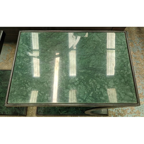 237 - OCCASIONAL TABLES, a pair, each 31cm x 45cm x 46cm H, green marble with metal frames. (2)