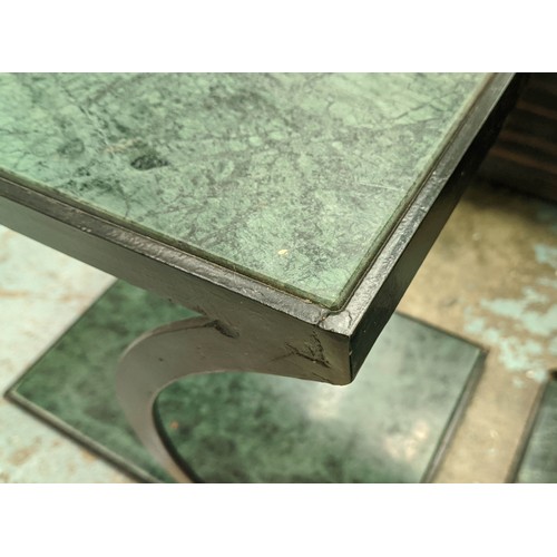 237 - OCCASIONAL TABLES, a pair, each 31cm x 45cm x 46cm H, green marble with metal frames. (2)