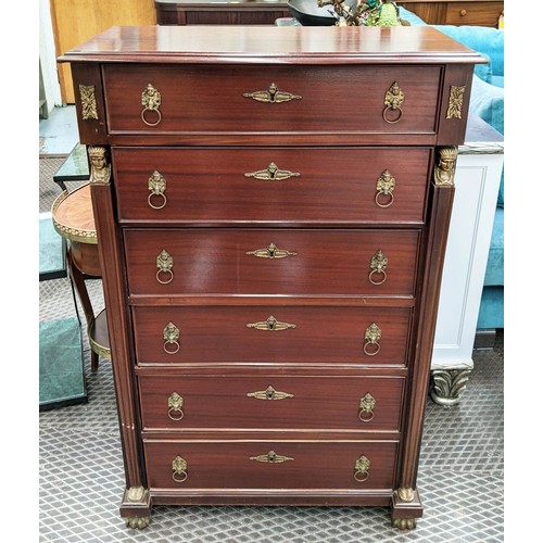 191 - TALL CHEST, Empire style mahogany with applied gilt metal detail and six drawers, 74cm x 35cm x 116c... 