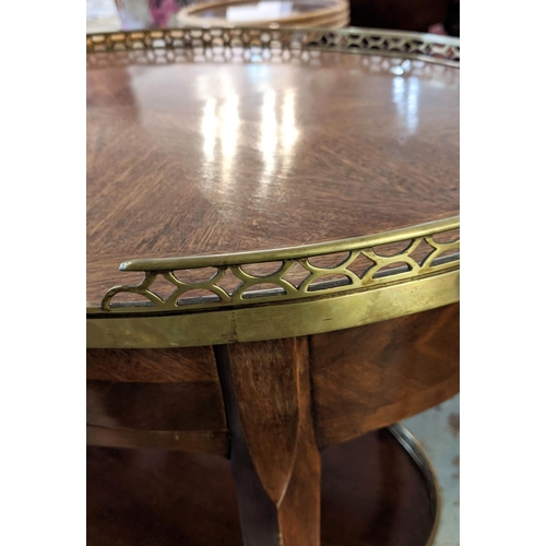 244 - OCCASIONAL TABLES, a pair, the figured mahogany oval tops with pierced brass gallery with undertier,... 