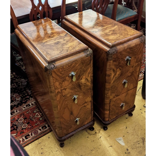 271 - SIDE CHESTS, a pair, vintage Art deco, each with three drawers, 28cm x 55cm x 73cm. (2)