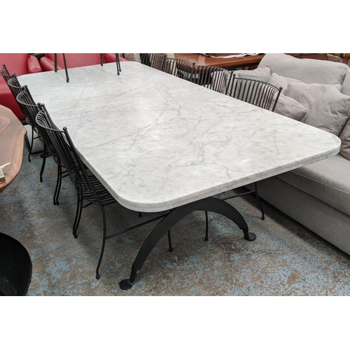 273 - DINING TABLE, two sectioned top, white marble with curved corners, black iron base, X framed support... 