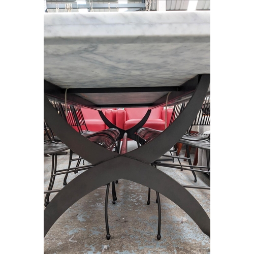 273 - DINING TABLE, two sectioned top, white marble with curved corners, black iron base, X framed support... 