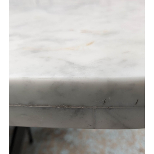 273 - DINING TABLE, two sectioned top, white marble with curved corners, black iron base, X framed support... 