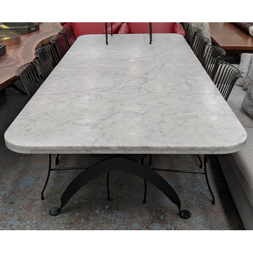 273 - DINING TABLE, two sectioned top, white marble with curved corners, black iron base, X framed support... 