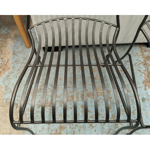 274 - DINING CHAIRS, a set of twelve, black iron frame, slatted backs and seats, 87cm H x 45cm x 60cm D. (... 