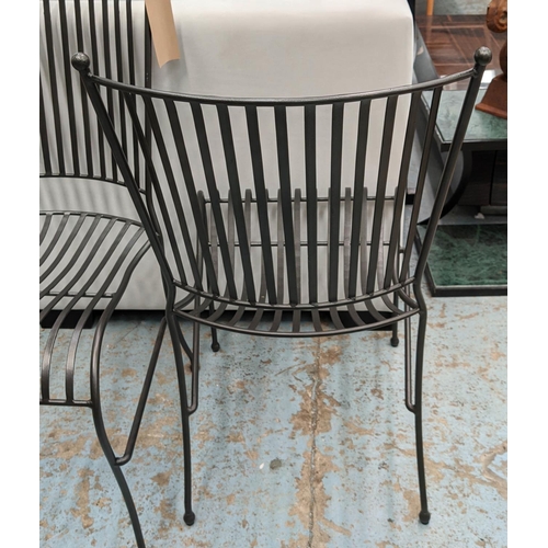 274 - DINING CHAIRS, a set of twelve, black iron frame, slatted backs and seats, 87cm H x 45cm x 60cm D. (... 