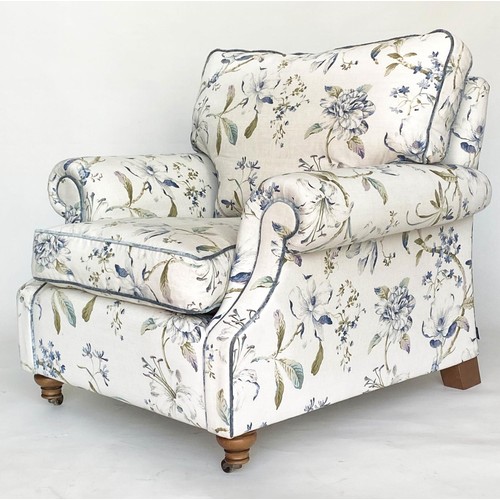 241 - ARMCHAIRS, a pair, 90cm W, Country House style 'hand made' in printed floral linen, with scroll arms... 