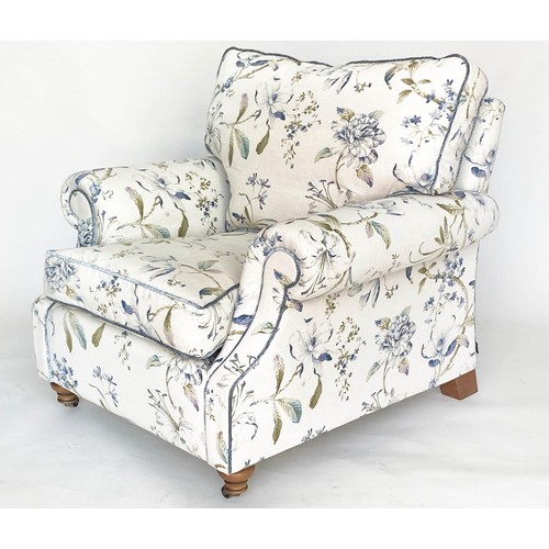 241 - ARMCHAIRS, a pair, 90cm W, Country House style 'hand made' in printed floral linen, with scroll arms... 