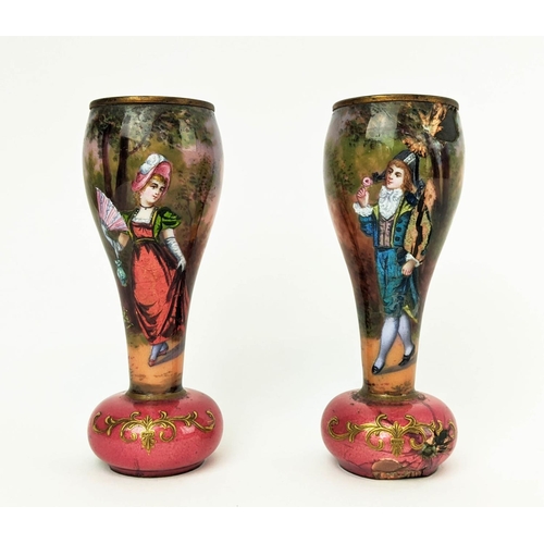 2 - ENAMELLED MINIATURE VASES, a pair, 11cm H one of a Lady, the other of a Gentleman. (2)