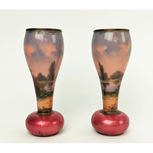 2 - ENAMELLED MINIATURE VASES, a pair, 11cm H one of a Lady, the other of a Gentleman. (2)