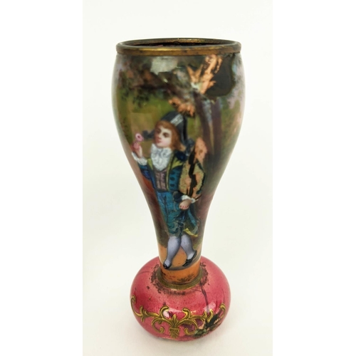 2 - ENAMELLED MINIATURE VASES, a pair, 11cm H one of a Lady, the other of a Gentleman. (2)