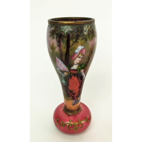 2 - ENAMELLED MINIATURE VASES, a pair, 11cm H one of a Lady, the other of a Gentleman. (2)