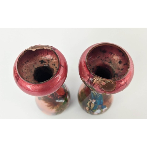 2 - ENAMELLED MINIATURE VASES, a pair, 11cm H one of a Lady, the other of a Gentleman. (2)