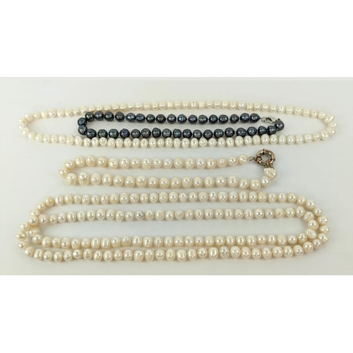 6 - FOUR FRESHWATER PEARL NECKLACES, comprising three white pearl necklaces and one peacock pearl neckla... 