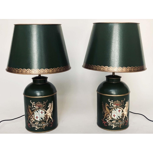 15 - CANISTER LAMPS, a pair, antique style toleware, tea canister form each with royal coat of arms and s... 