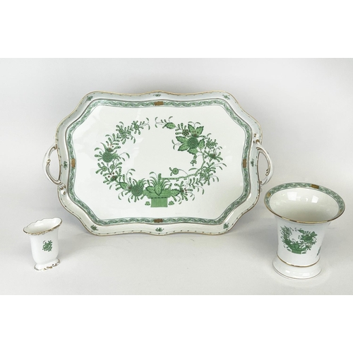 22 - HEREND TRAY, green and gilt decorated, 46cm x 30cm, together with two matching vases, largest 15cm H... 