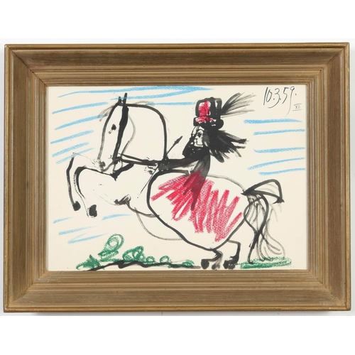 42 - PABLO PICASSO, Woman with pink hat on horseback, off set lithograph, dated in the plate, suite Toros... 