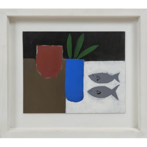 69 - PHIL JOHNS, 'Still Lifes with Bottles, Jugs and Fish', acrylic on board, 25.5cm x 32cm, signed, fram... 