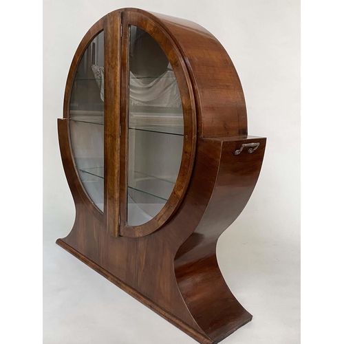 111 - CIRCULAR ART DECO DISPLAY CABINET, walnut and burr walnut with two doors and shelves, 123cm x 127cm ... 