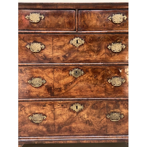 113 - QUEEN ANNE CHEST, 90cm H x 97cm W x 55cm D, early 18th century English figured walnut with two short... 