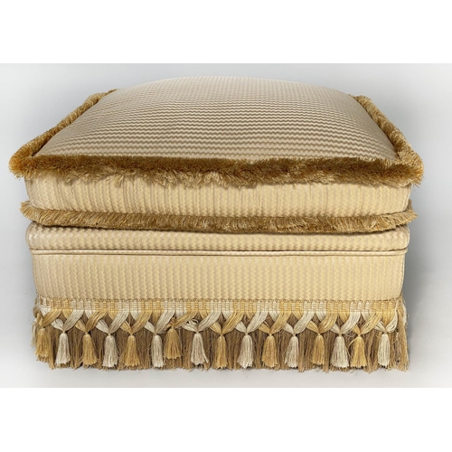 114 - CENTRE STOOL, square gold and yellow silk upholstered with cushion and tassle fringing, 73cm x 73cm ... 