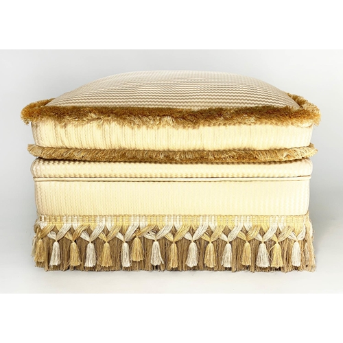 114 - CENTRE STOOL, square gold and yellow silk upholstered with cushion and tassle fringing, 73cm x 73cm ... 