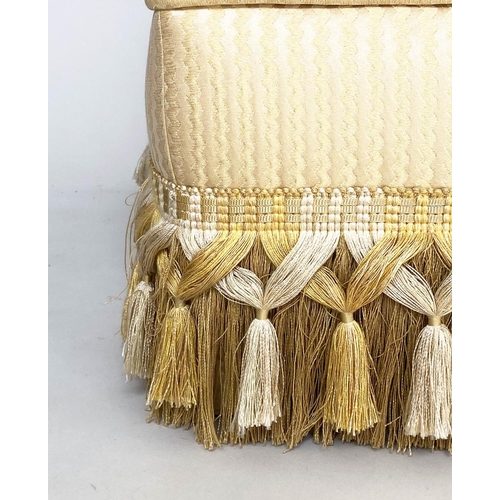 114 - CENTRE STOOL, square gold and yellow silk upholstered with cushion and tassle fringing, 73cm x 73cm ... 