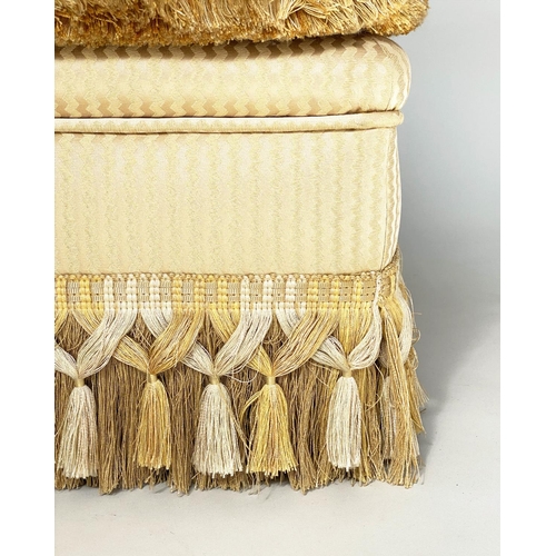 114 - CENTRE STOOL, square gold and yellow silk upholstered with cushion and tassle fringing, 73cm x 73cm ... 