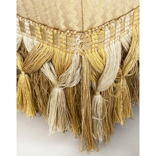 114 - CENTRE STOOL, square gold and yellow silk upholstered with cushion and tassle fringing, 73cm x 73cm ... 