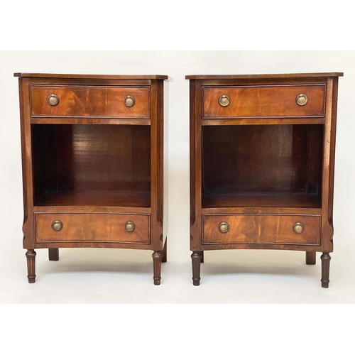 117 - BEDSIDE CABINETS, a pair, George III design flame mahogany each concave with two drawers, 51cm x 34c... 