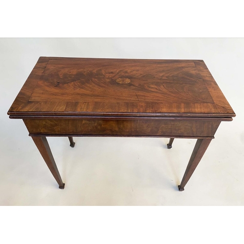 119 - TEA TABLE, George III flame mahogany and crossbanded, rectangular foldover and satinwood oval inlaid... 