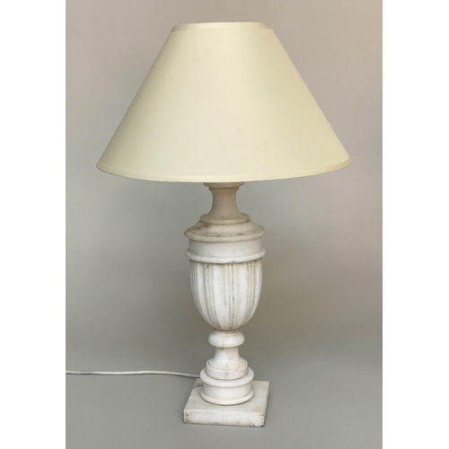 120 - TABLE LAMPS, a pair, marble of vase form with square plinths and shades, 57cm H. (2)