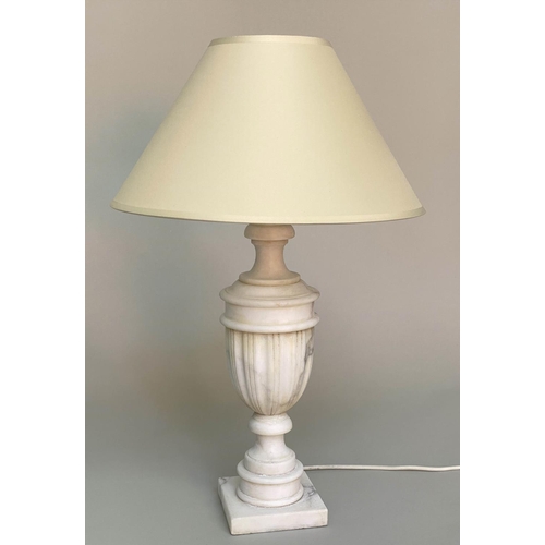 120 - TABLE LAMPS, a pair, marble of vase form with square plinths and shades, 57cm H. (2)