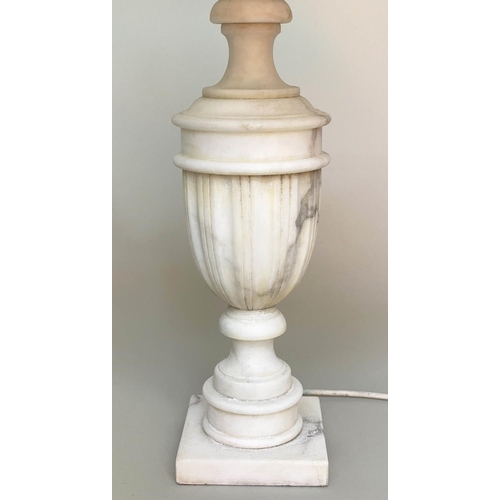 120 - TABLE LAMPS, a pair, marble of vase form with square plinths and shades, 57cm H. (2)