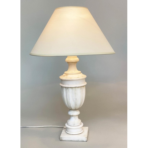 120 - TABLE LAMPS, a pair, marble of vase form with square plinths and shades, 57cm H. (2)