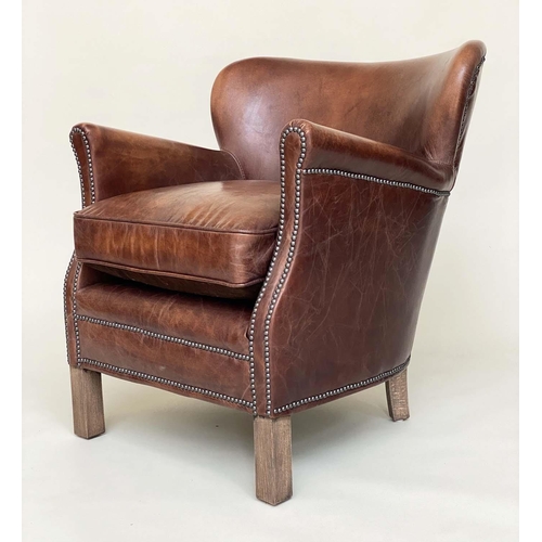 121 - 'LITTLE PROFESSOR' ARMCHAIR, 75cm H x 68cm W, 'Halo' tan leather and closed nailed with rounded back... 